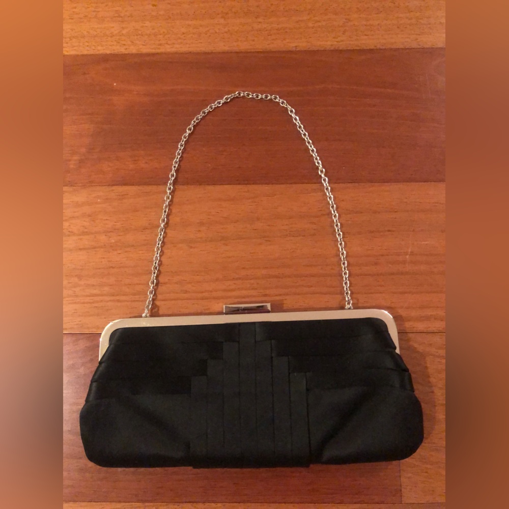 Black satin BCBG evening clutch w/chain